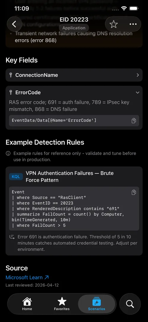 An EID view showing the key XML fields and detection rules (Sigma, KQL, Splunk).