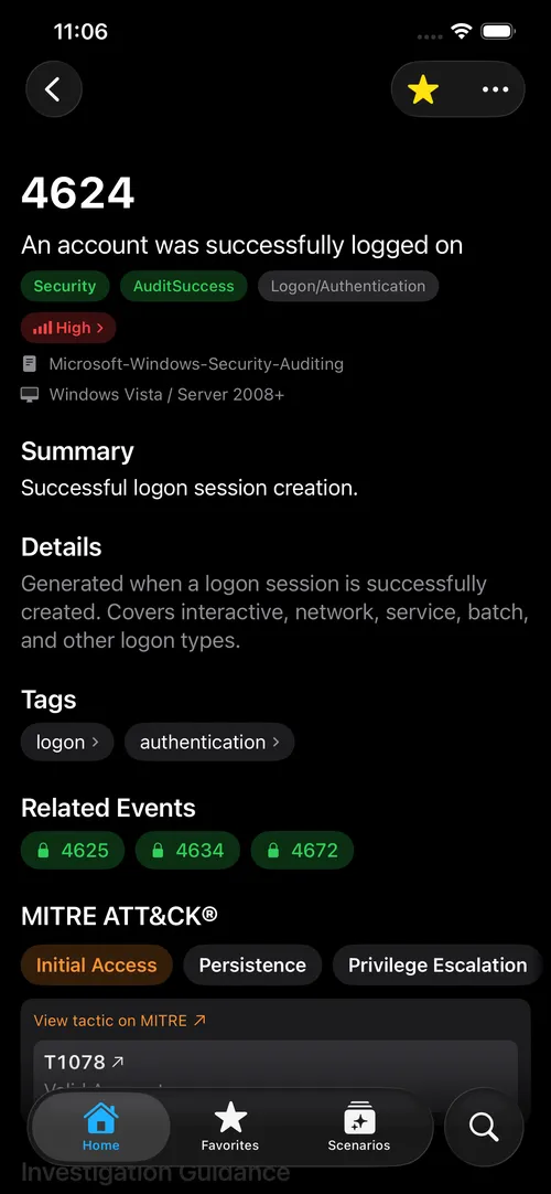The detailed view for a single Event ID, showing details, MITRE ATT&CK mappings, and investigation pivots.
