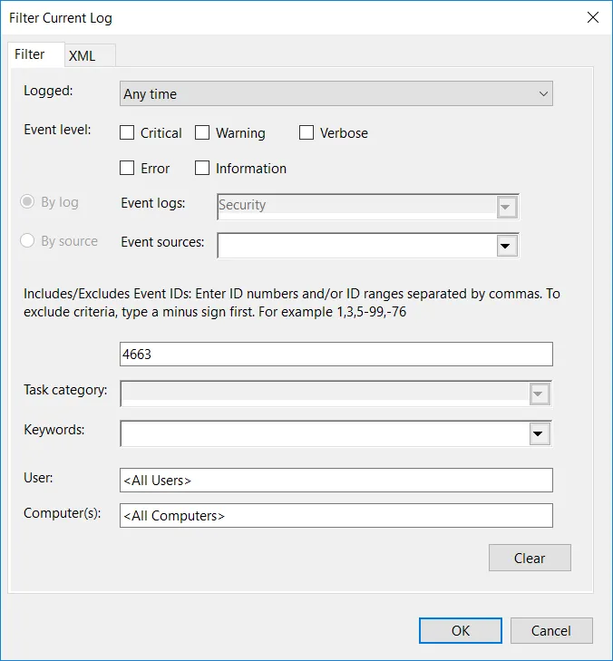 Filtering Event Viewer for Event ID 4663