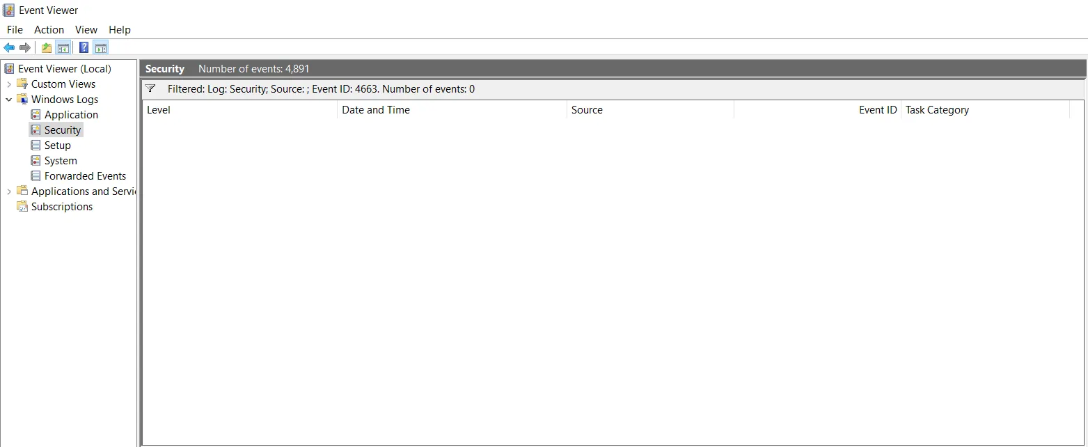 Empty Security log filtered for Event ID 4663