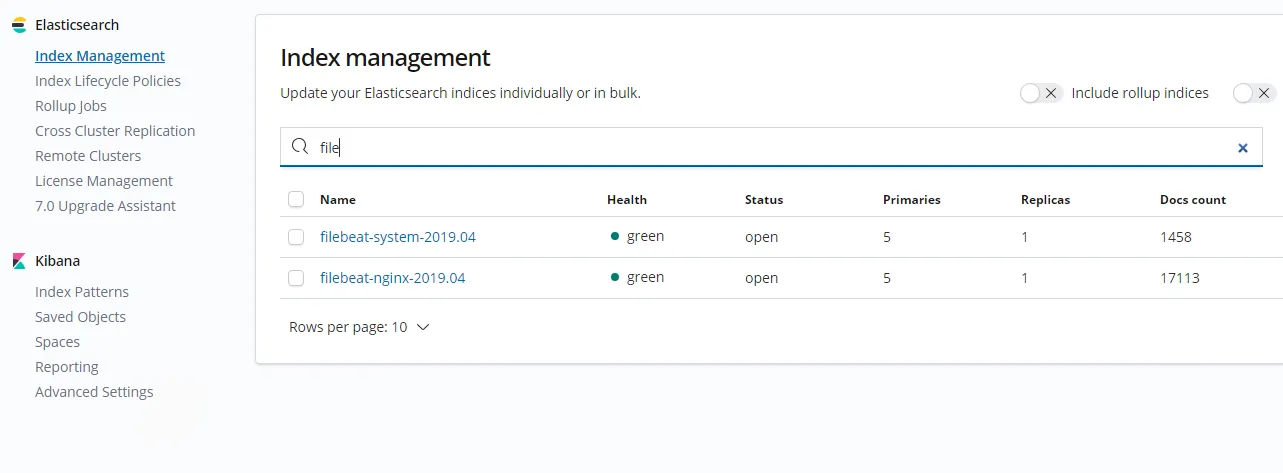 Index Management in Kibana showing filebeat-system and filebeat-nginx indices