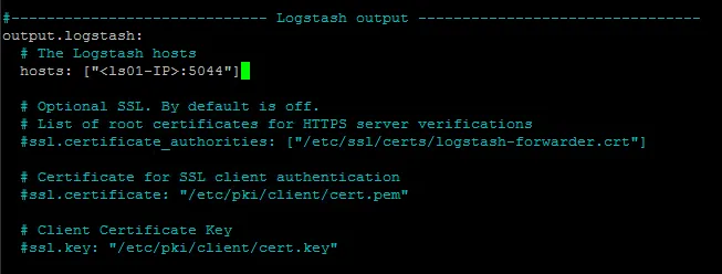 Logstash output section of filebeat.yml with placeholder LS IP