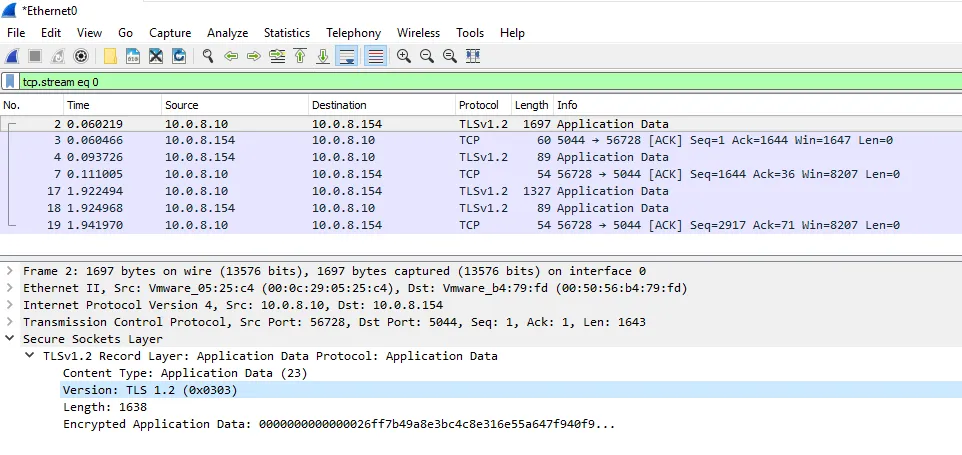 Wireshark capture showing TLS traffic to the Logstash node