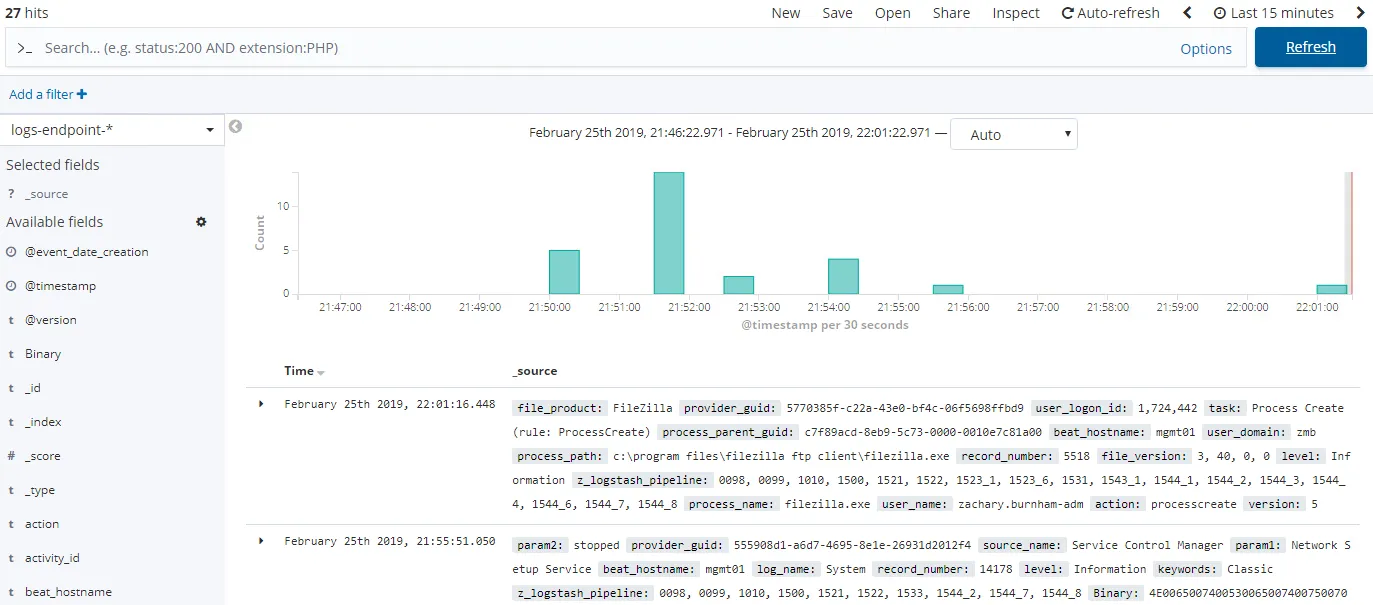 Kibana showing recent log entries from the SSL-configured endpoint