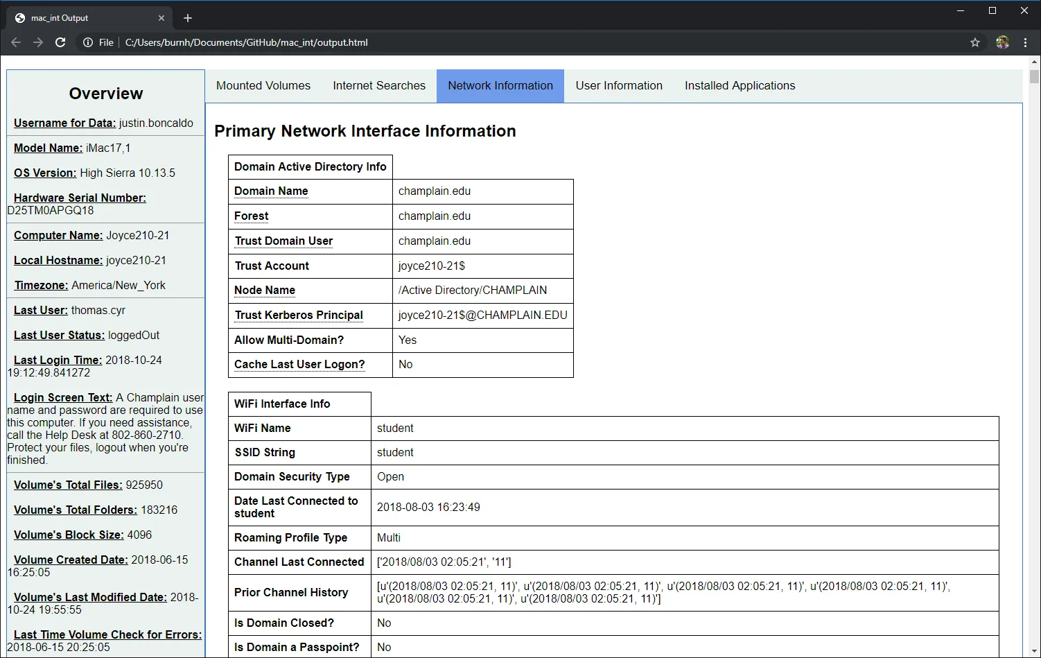 Network Information output