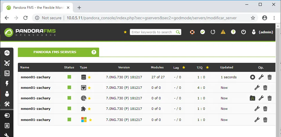 Pandora Console Manage Servers view